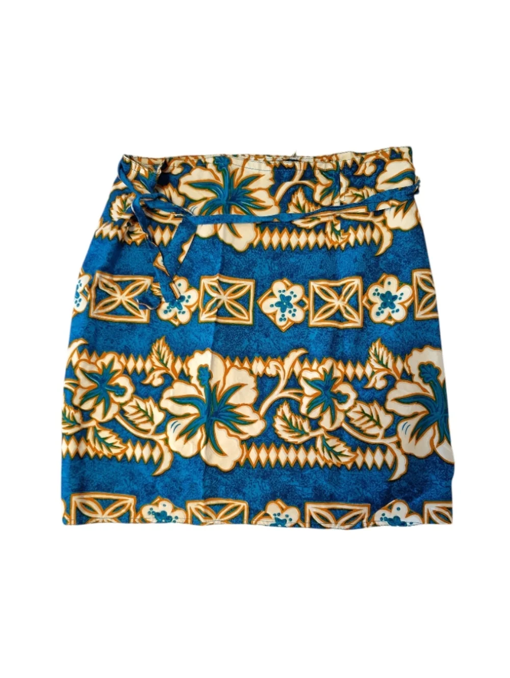 VTG Blue Gold Hawaiian Two Piece Top & Wrap Skirt‎ Cover Up Swim Set *One Size